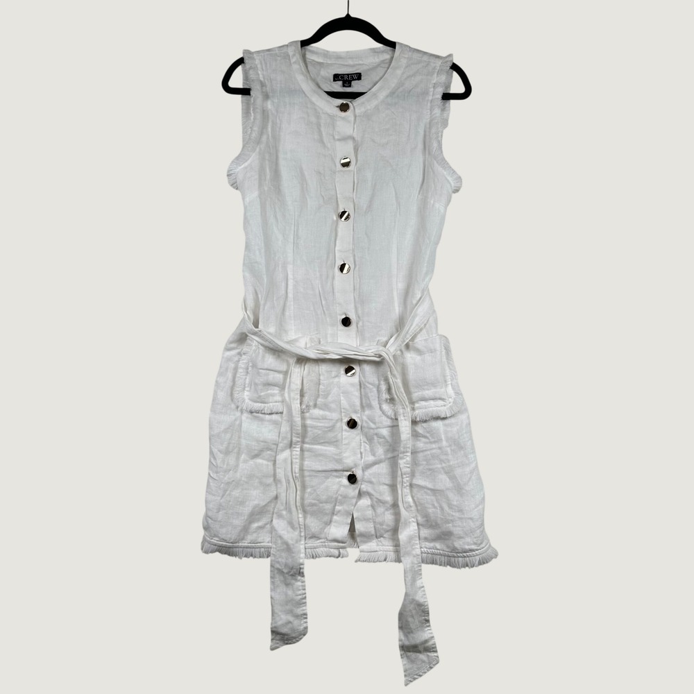 J.Crew Linen Shirt Dress Sleeveless Fringe Button S White Coastal Minimal Boho